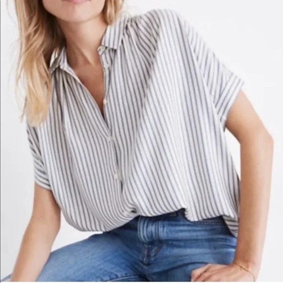 MADEWELL Central Stripe Button Down Oversized Shirt Cap Sleeve XXS - Picture 8 of 8